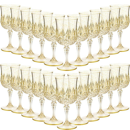 Sliner 48 Pcs Plastic Wine Glasses 7oz Vintage Drinking Goblets Unbreakable Crystal Water Glassware Reusable Diamond Champagne Flutes Cups for Wedding Banquet Birthday Party Supplies(Gold Glitter)
