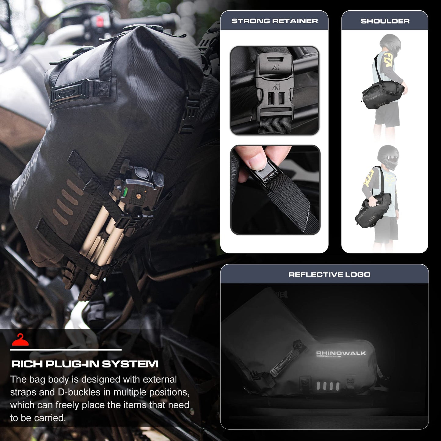 Rhinowalk Motorcycle Saddlebags 28L(14L*2) Waterproof Motorbike Side Bags, Travel Luggage Panniers with Shoulder Strap for Adventure & Sport Motorcycle Racks, 1 Pair