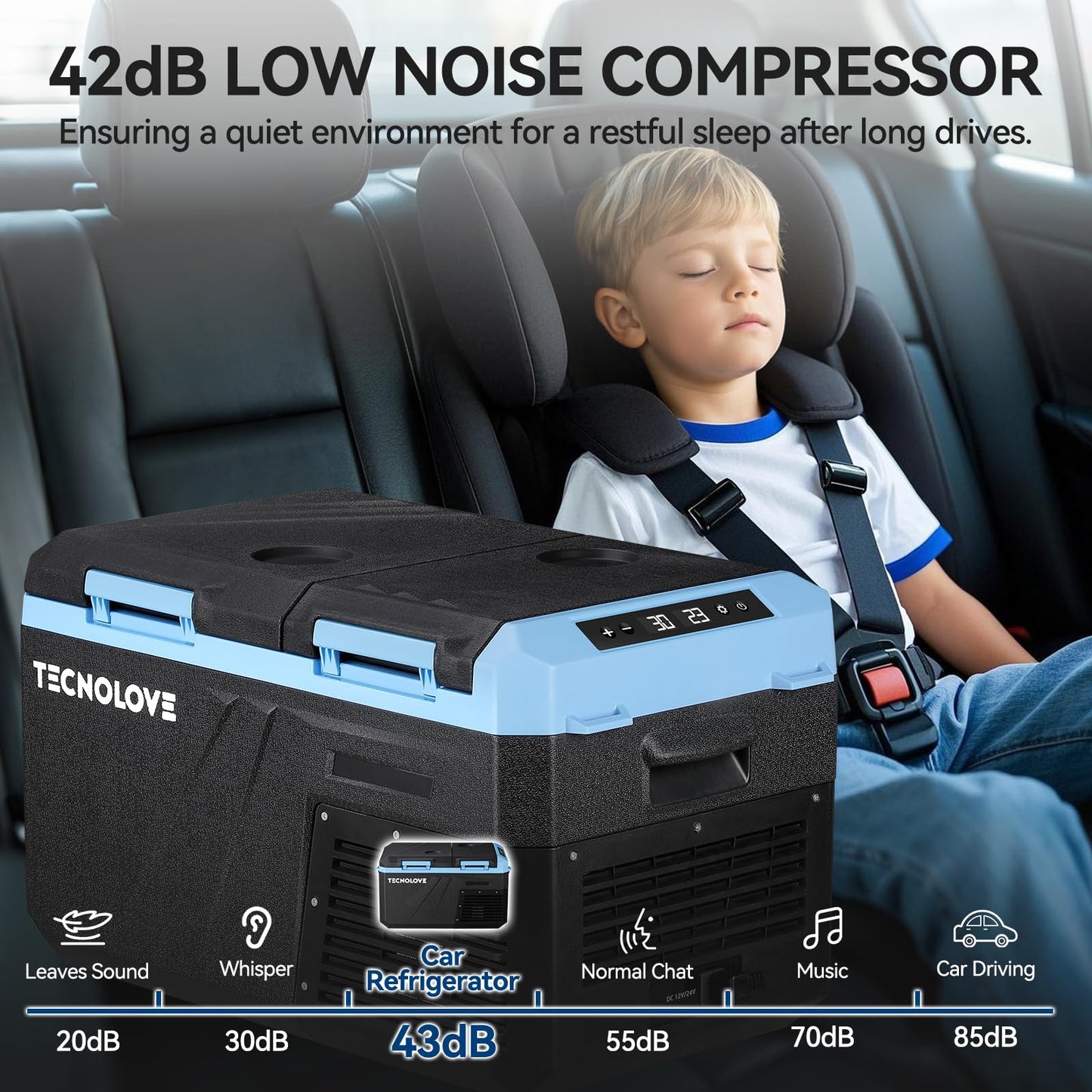Tecnolove 25L Car Refrigerator Freezer, 27QT Dual-Compartment Portable Cooler with Reversible Door, 100–240V AC / 12V / 24V DC Powered, Touchscreen Control, LED Light, -4℉ to 68℉, Ice Blue