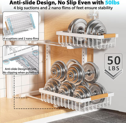 Liuoud Under Sink Organizer - 2 Pack Adjustable 2-Tier Storage Solution for Kitchen & Bathroom Cabinets, White