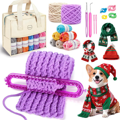 MIAOKE Weaving Loom Kit for Scarf with Pompom Maker, Long Knitting Loom Includes Storage Bag, Binding Needles, Yarn and Crochet Hooks, for Making Hats,Gloves and Blanket,DIY Craft Kit for Beginners