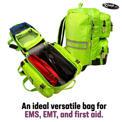 Kemp USA Ultimate EMS Backpack EMT Emergency Medical Bag Fits BLS ALS Gear and D Tank Oxygen Cylinder 1680D Nylon Multiple Grab Points Chest Waist Straps Color Coded Pouches Neon Green