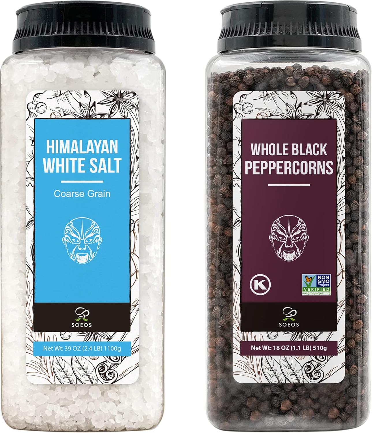 Soeos Himalayan Sea Salt & Whole Black Peppercorns - Coarse Grain, 39 oz & 18 oz Refill Set