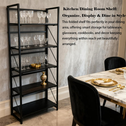 Kogven Folding Bookshelf, 2-in-1 Convertible Design, Multifunctional Plant Stand Storage Rack Shelves for Home Office, Easy Assembly, 5-Tier, Black