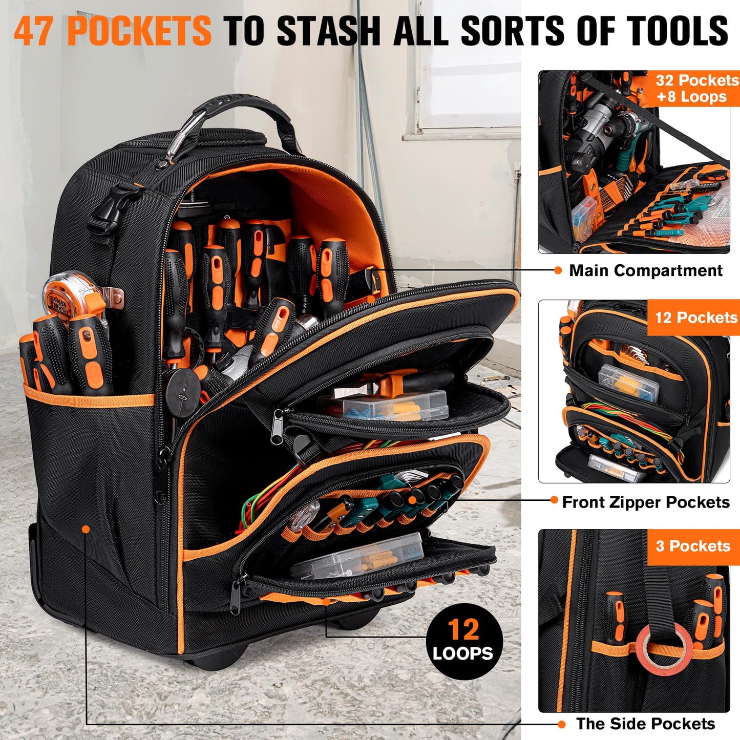 2-In-1 Rolling Tool Backpack Heavy Duty, 47 Pockets Rolling Tool Bag with Wheels, Tool Bag Backpack with Retractable Handle, 1680D, Backpack for Tools HVAC Electrician Construction Worker Mechanic