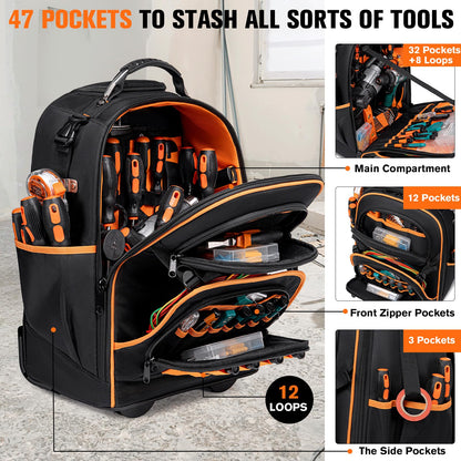 2-In-1 Rolling Tool Backpack Heavy Duty, 47 Pockets Rolling Tool Bag with Wheels, Tool Bag Backpack with Retractable Handle, 1680D, Backpack for Tools HVAC Electrician Construction Worker Mechanic