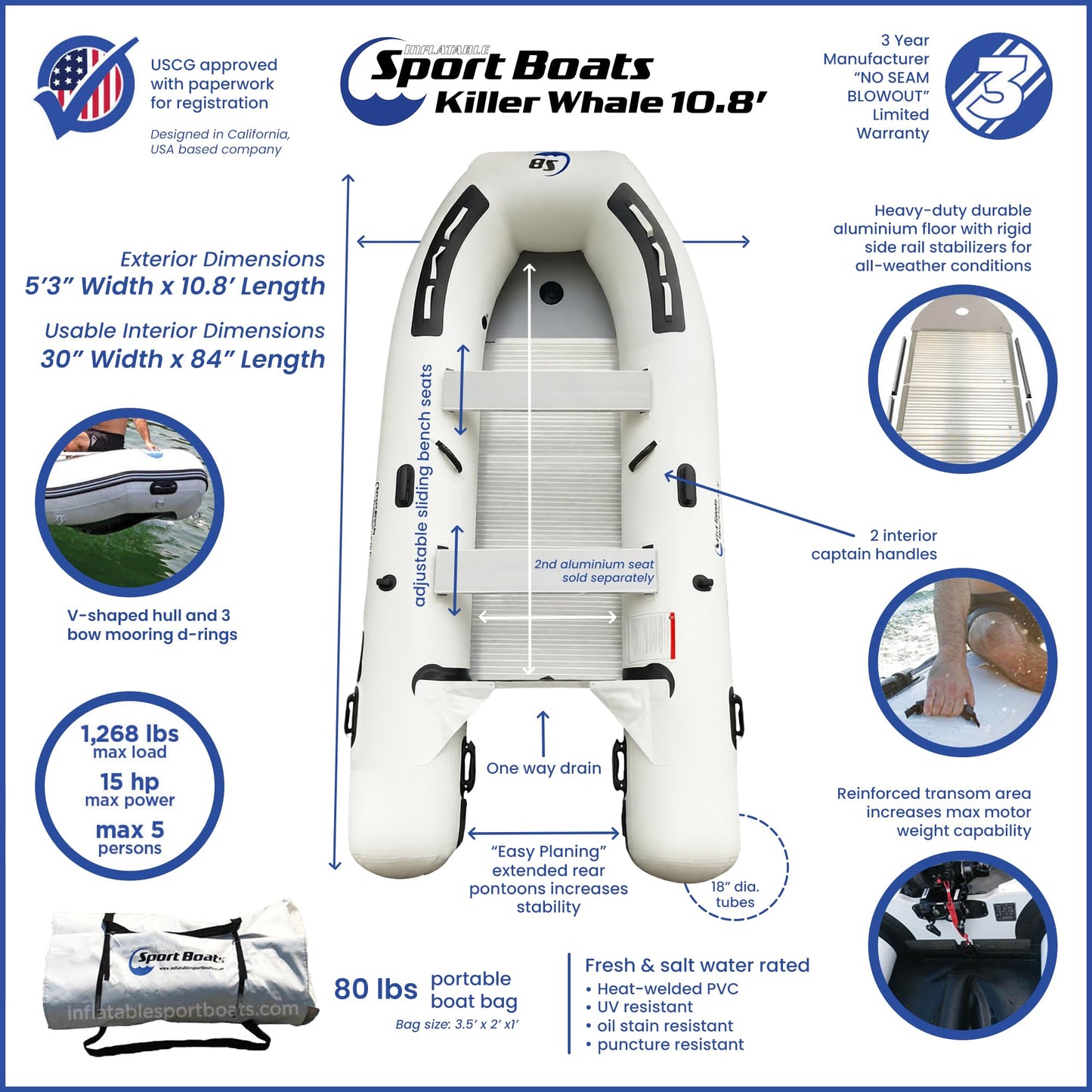 Inflatable Sport Boats Killer Whale 10.8' Aluminum Floor – Fishing Boat with Heat-Welded PVC – Inflatable Boat Easy Setup & Lightweight – 15HP Motor Compatibility – Includes Bench Seat & Carry Bag