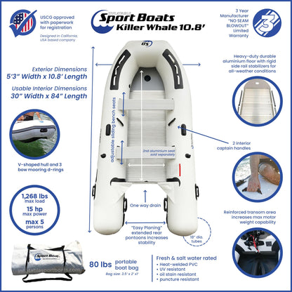 Inflatable Sport Boats Killer Whale 10.8' Aluminum Floor – Fishing Boat with Heat-Welded PVC – Inflatable Boat Easy Setup & Lightweight – 15HP Motor Compatibility – Includes Bench Seat & Carry Bag