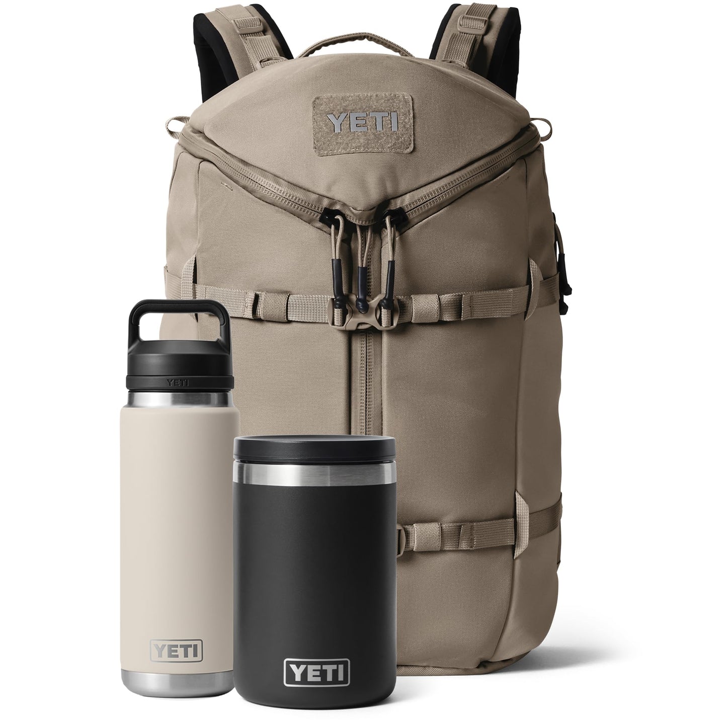 YETI Rambler 26 oz Cape Taupe Chug Cap Bottle and 16 oz Black Food Jar, Leakproof, Vacuum Insulated with YETI Ranchero 27L Backpack, All-Day Utility Pack, Cape Taupe