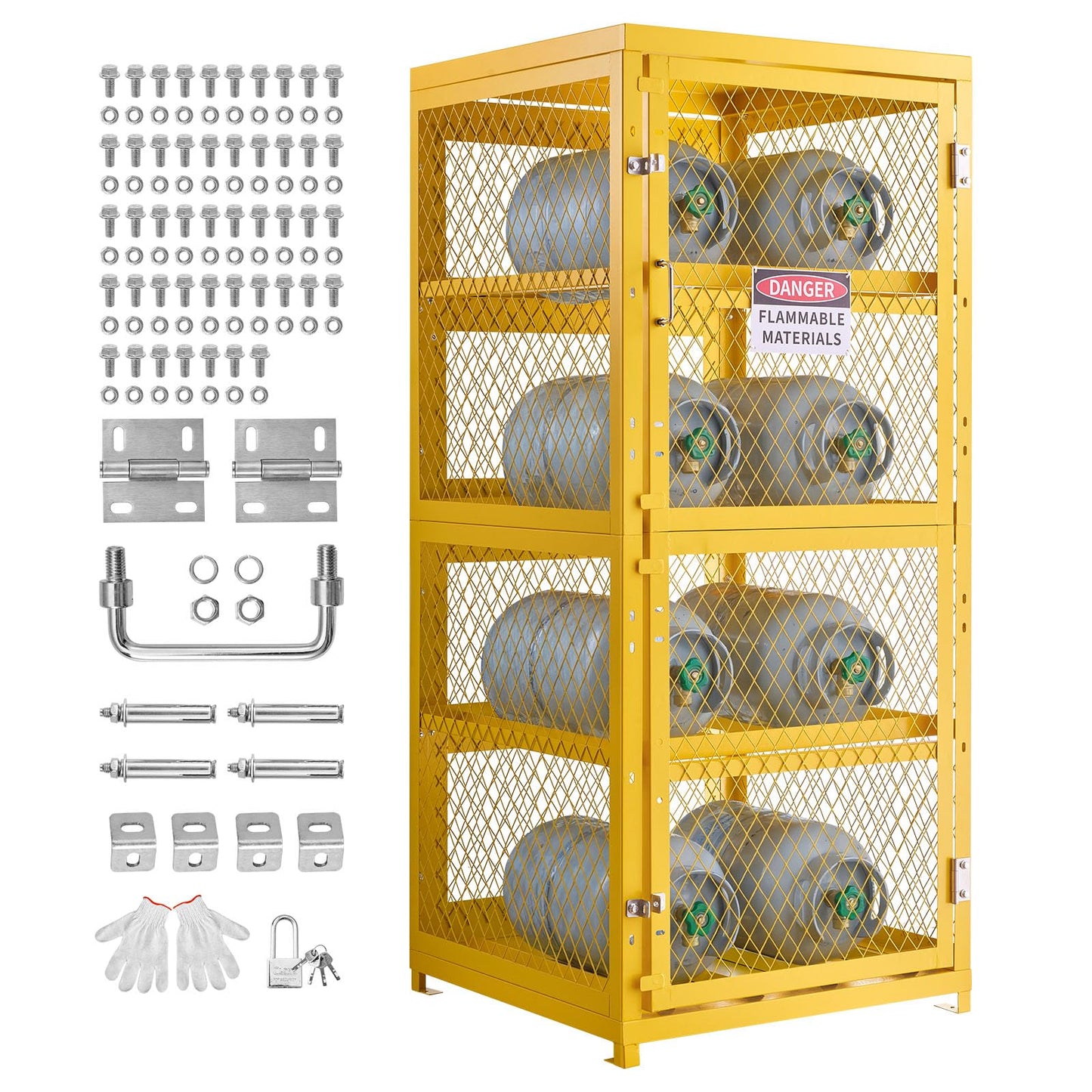 VEVOR Horizontal Cylinder Storage Cabinet, 30"L x 30"W x 70.3"H, 8 Cylinder Capacity, 4-Tier Propane Storage Cage, with Lock and Keys, Yellow Powder-Coated Carbon Steel, for Propane, Oxygen, Nitrogen