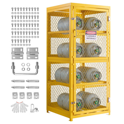 VEVOR Horizontal Cylinder Storage Cabinet, 30"L x 30"W x 70.3"H, 8 Cylinder Capacity, 4-Tier Propane Storage Cage, with Lock and Keys, Yellow Powder-Coated Carbon Steel, for Propane, Oxygen, Nitrogen