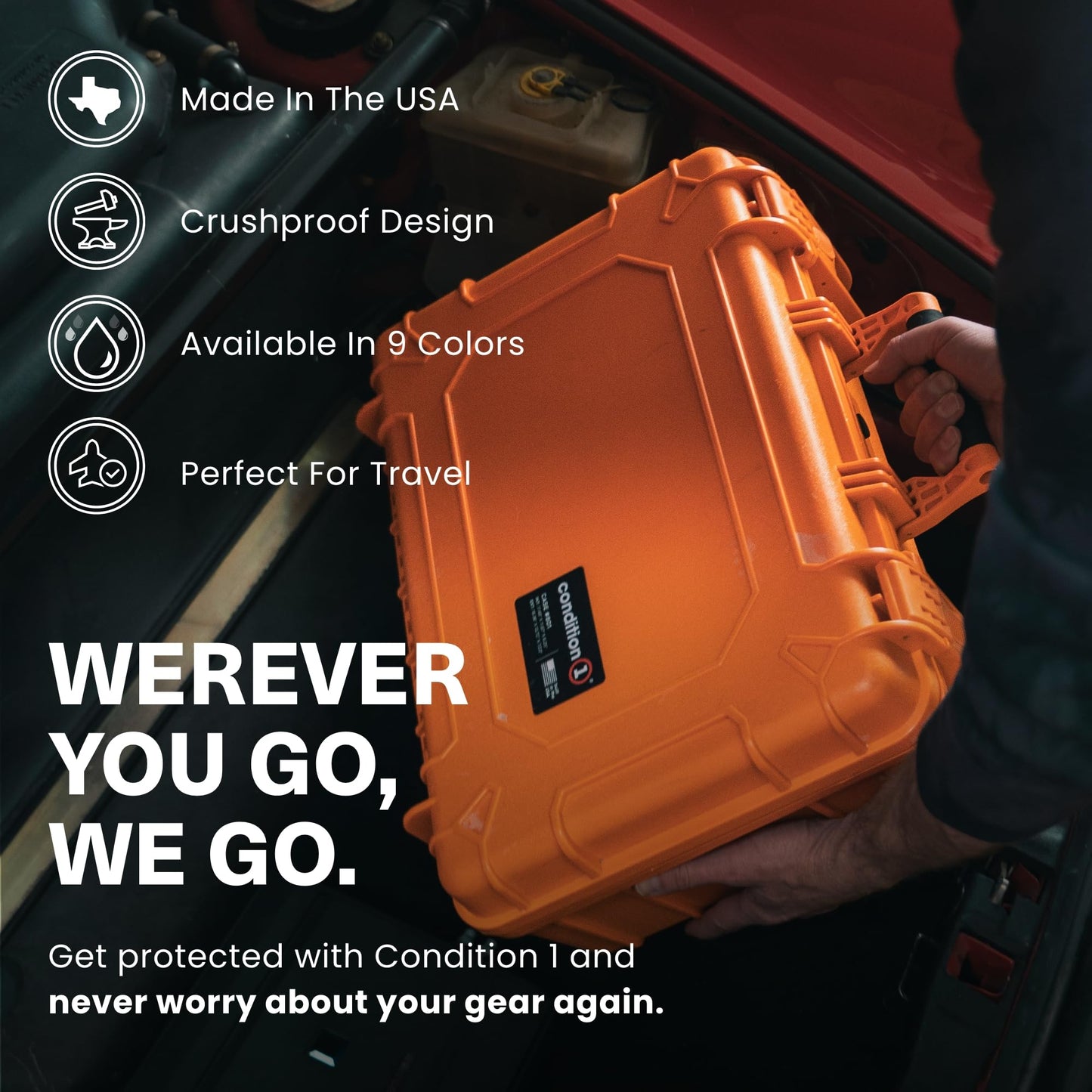 Condition 1 18" Medium Waterproof Hard Case with Foam, Model 801, Portable Protective Storage Box for Travel, Tactical Gear, Made in USA, 18.36"x13.70"x 7.03" Green