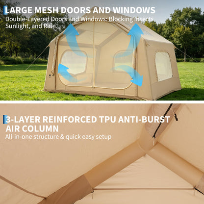 Inflatable Tents for Camping, Blow Up Tent for 3-6 People, Blow Up Camping Tent with Hand Pump, 5-Min Setup Air Tent with Stove Jack, Waterproof Oxford Family Glamping Tent