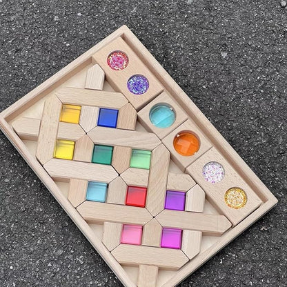 22PCS Wooden Cross Shape Blocks with Colorful Acrylic Sparkling Square Monochrome Kaleidoscope Gem Educational Construction Toy for Toddlers (22PCS Fence Mixed)