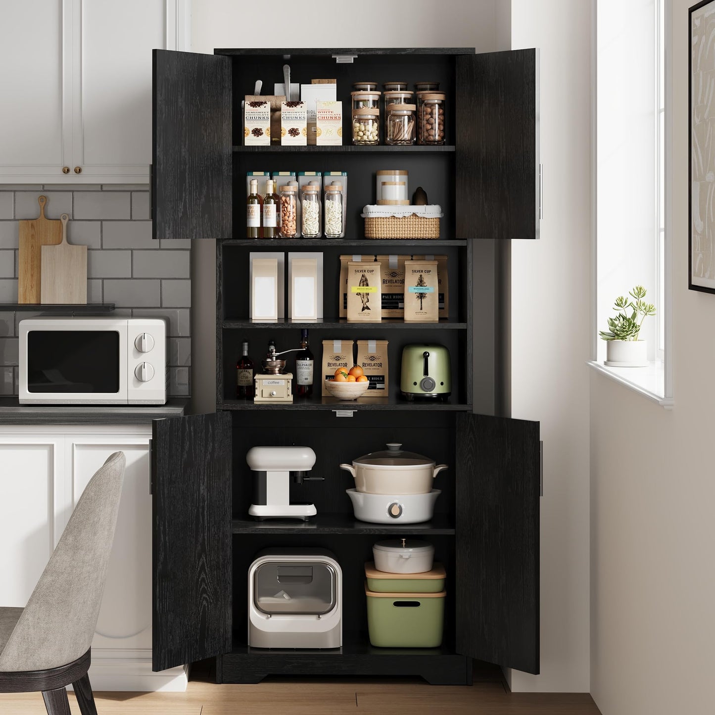 GarveeHome 72'' Tall Kitchen Pantry Cabinet, Freestanding Storage Cabinet with Doors and Shelves, Wooden Food Pantry Farmhouse Cupboard Buffet for Kitchen Dining Living Room, Black