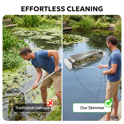 Godgetory Pond & Lake Skimmer Tool, Floating & Submerged Debris Remover, 40LB Heavy-Duty Stainless Steel Mesh, Wide-Mouth Collection, Shore or Boat Operated Drag System with Ropes