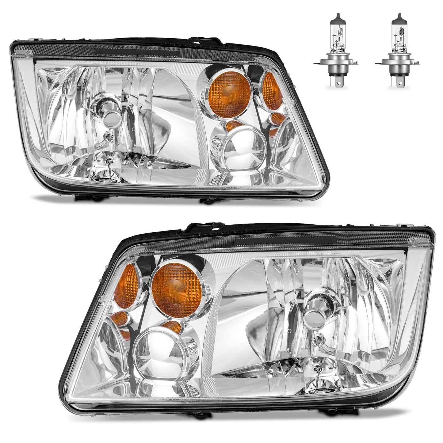 ROADEAL Headlights W/Bulbs for 1999-2005 VW Jetta Mk4 Models Halogen Headlamp Replacement Driver & Passenger Side, NOT fit Model with Integrated Fog Light