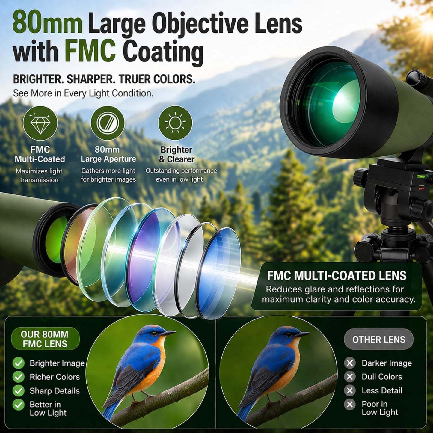 NWDEY Spotting Scope 25-75x80, BAK4 Prism FMC Optics, Waterproof Spotting Scope with Upgraded Tripod, Phone Adapter and Carrying Case for Bird Watching, Target Shooting, Wildlife Viewing