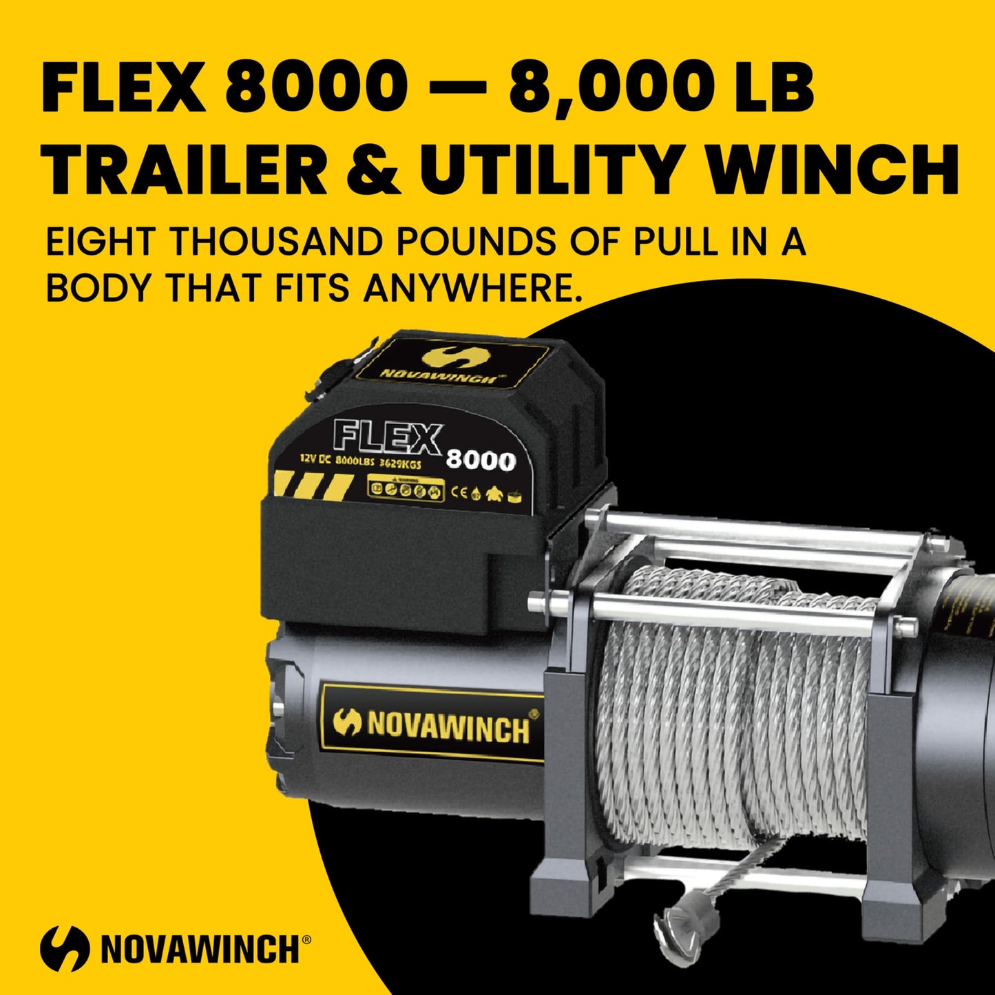 Novawinch Flex 8000 lb Utility Trailer Winch 12V Electric - IP68 Sealed Planetary Gearbox, 55.7 ft Wire Rope, Auto Load-Holding Brake, Waterproof Remote - Flatbed, Shop, Equipment, Car Hauler, SAE