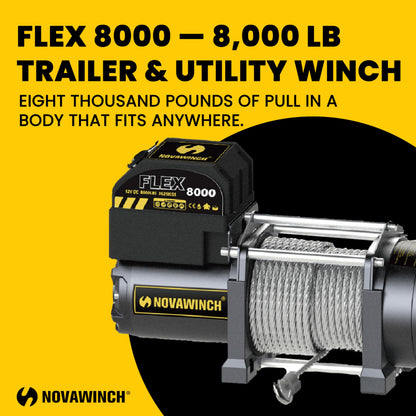 Novawinch Flex 8000 lb Utility Trailer Winch 12V Electric - IP68 Sealed Planetary Gearbox, 55.7 ft Wire Rope, Auto Load-Holding Brake, Waterproof Remote - Flatbed, Shop, Equipment, Car Hauler, SAE