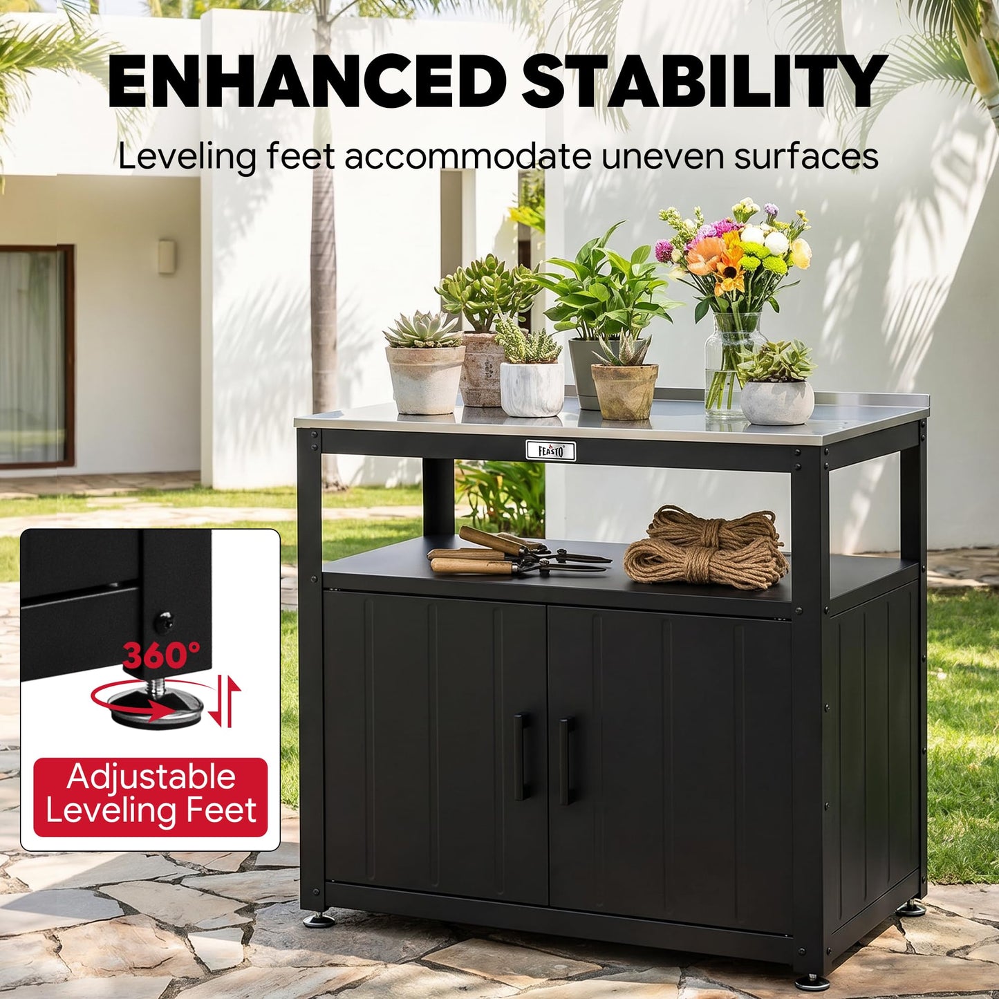 Feasto Outdoor Potting Bench with Storage Cabinet, Garden Work Bench & Potting Table, Stainless Steel Tabletop Potting Station for Patio Lawn Greenhouse Gardening