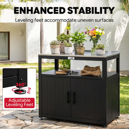 Feasto Outdoor Potting Bench with Storage Cabinet, Garden Work Bench & Potting Table, Stainless Steel Tabletop Potting Station for Patio Lawn Greenhouse Gardening