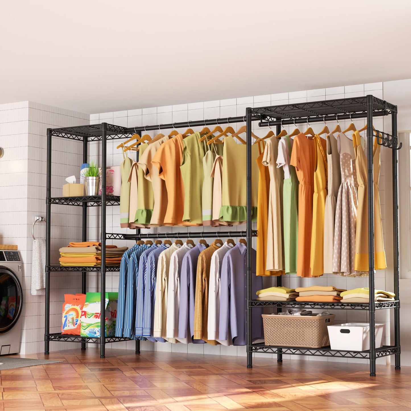 Golpart Heavy Duty Garment Rack Clothes Rack,Large Metal Closet Organizer System Storage Wardrobe,Freestanding Clothing Rack with 7 Adjustable Wire Shelves&3 Hang Rods,MaxLoad 1500lbs