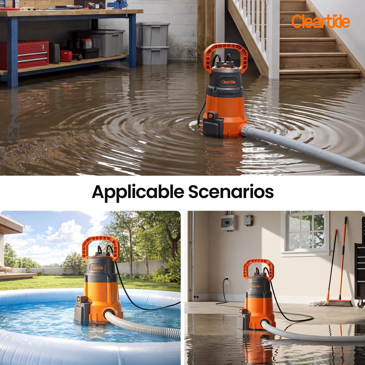 Cleartide 1/3 HP Submersible Utility Pump, 2790 GPH High Flow, Portable Sump Pump with Auto Water Sensor, Ideal for Pool, Flooded Basement, Hot Tub, Pond and Garden Draining