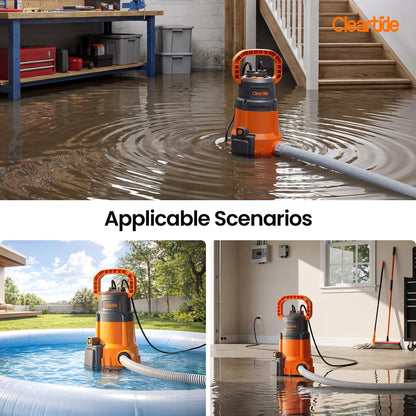 Cleartide 1/3 HP Submersible Utility Pump, 2790 GPH High Flow, Portable Sump Pump with Auto Water Sensor, Ideal for Pool, Flooded Basement, Hot Tub, Pond and Garden Draining