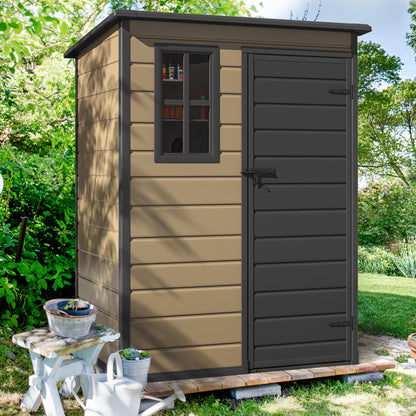 DWVO 5x3ft Resin Outdoor Storage Shed with Floor, Waterproof Lockable Storage Shed with Window, Plastic Outside Tool Storage for Garden, Backyard, Patio, Lawn, Brown