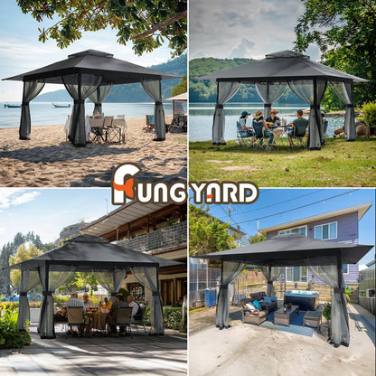 13x13 Outdoor Patio Gazebo with Mosquito Nettings - Double Roof Pop Up Canopy Tent with Wheeled Carry Bag, for Backyard Deck Lawns Garden (Gray, 13X13)