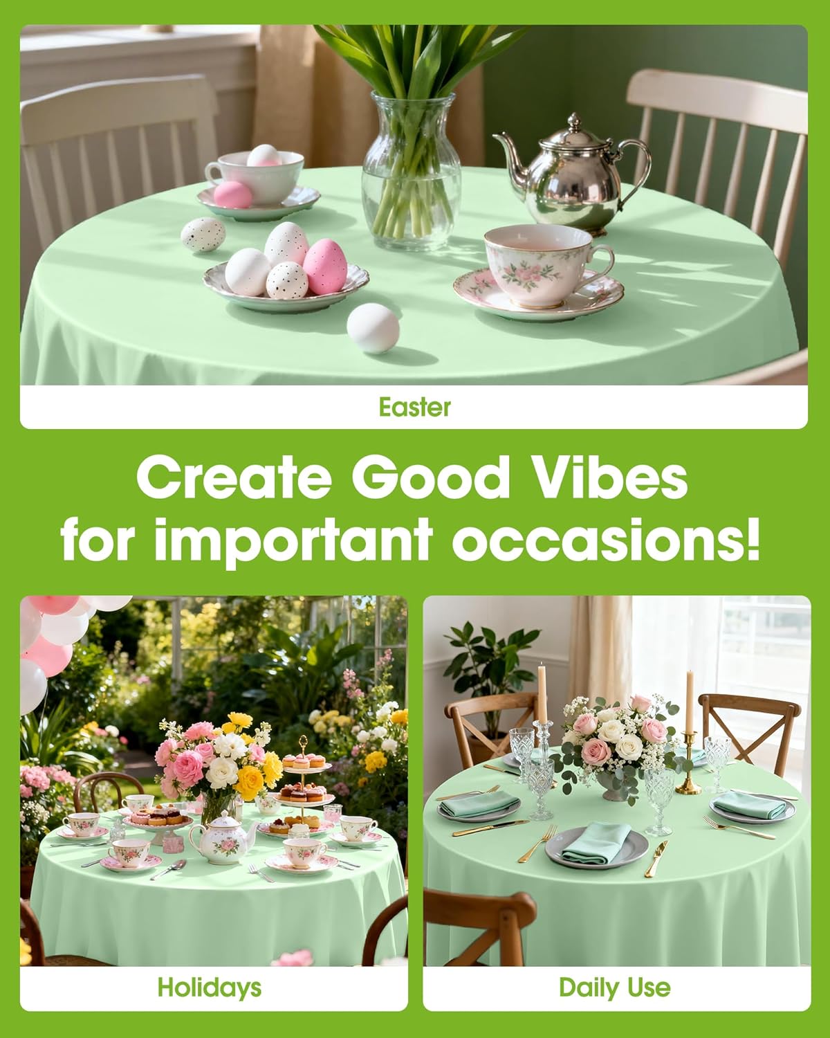 Pureegg Disposable Round Table Cloths - 84'' Sage Green, Leakproof & Sturdy, 8 Pack for Easter Parties