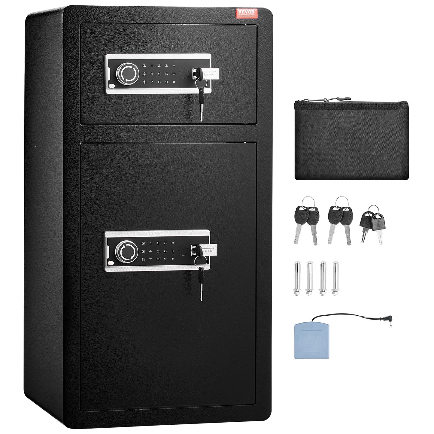 VEVOR Double Doors 5.5 cu.ft Safe Box with Key Lock & Password, Safe Lock Box with Fireproof Bag, Key Rack, LED Light, 2 Height Adjustable and Removable Divider and 1 Cabinet for Money,Documents,Black