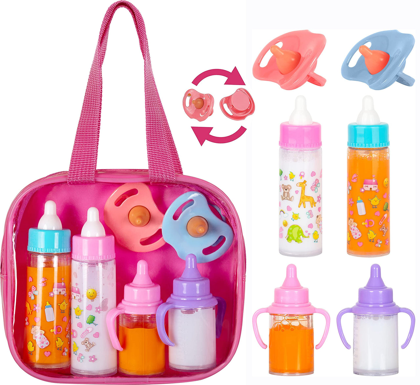 fash n kolor®, My Sweet Baby Disappearing Doll Feeding Set, Baby Care 6 Piece Doll Feeding Set for Toy Stroller | 2 Milk & Juice Bottles with 2 Toy Pacifier for Baby Dolls