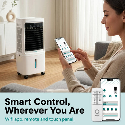 SereneLife Tower Fan, Smart Stand Up Bladeless Tower Fan with WiFi and Remote Control, 1700 CFM High Velocity Output, 25 Liter Detachable Water Tank, Boosted AC Flow with 4 Ice Packs Included