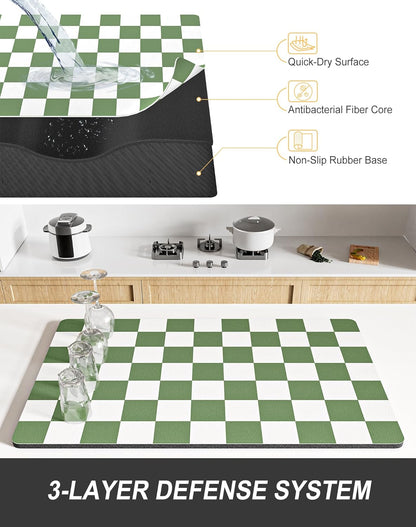 Rnivvi Dish Drying Mat - Absorbent Non-Slip Draining Pad for Kitchen Counter | 12 x 19 Inches, Green & White Checkered