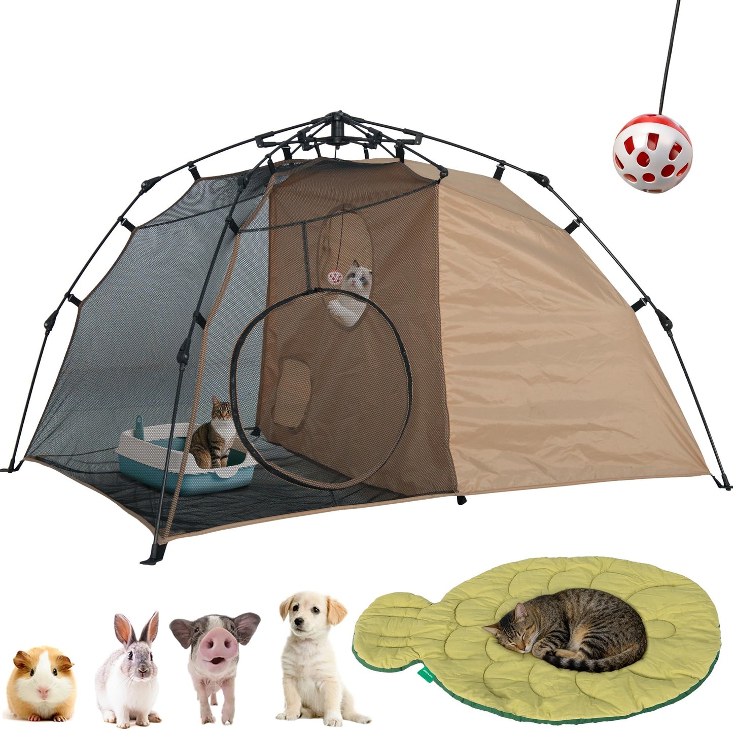 Pop-Up Cat Tent with Pet Bed and 2 Tunnels - Dual Room Kitty Hideaway for Playing & Napping, Scratch-Resistant Mesh, Detachable DIY Interactive Cat Play Set, Portable Indoor Outdoor Cat Cave