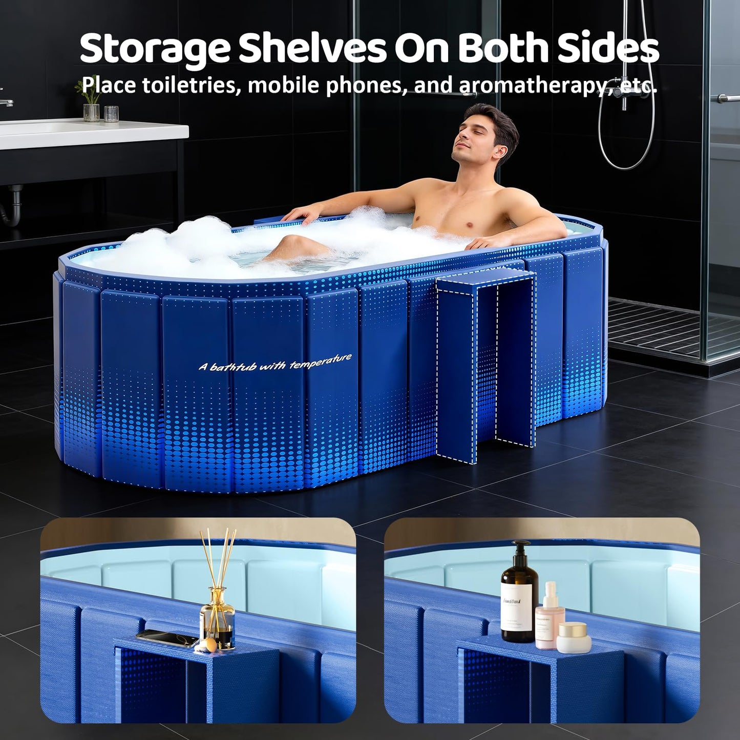 HLCZLUZ Portable Foldable Bathtub, Freestanding Bathtub No Installation, Bathroom SPA Soaking Bath Tub, Shower Stall Collapsible Hot & Ice Bath Tub (Blue with Storage Rack, 59"L x 21.6"W x 19.6"H)