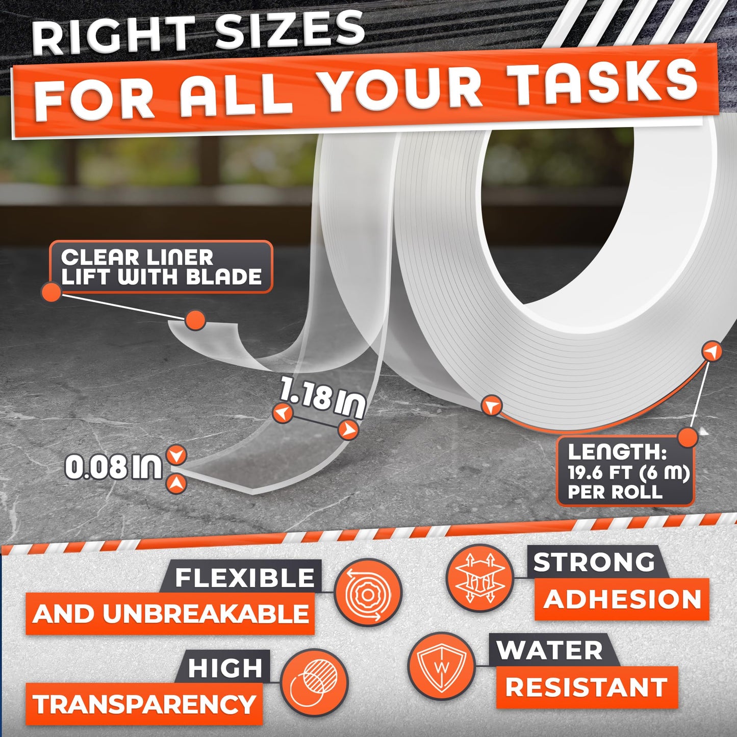 1.18" X 235" Heavy Duty Clear Double Sided Tape – Strong Double Sided Adhesive Tape – Wall Decoration, DIY, Office and Home Projects, No Tools Needed | Works on Tile, Glass, Wood, Metal, and Plastic
