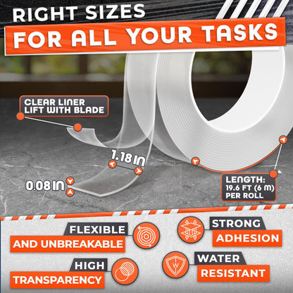 1.18" X 235" Heavy Duty Clear Double Sided Tape – Strong Double Sided Adhesive Tape – Wall Decoration, DIY, Office and Home Projects, No Tools Needed | Works on Tile, Glass, Wood, Metal, and Plastic