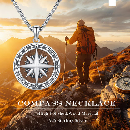 MEDWISE Compass Necklace for Men 925 Sterling Silver Compass Pendant Necklace With Ebony Graduation Inspirational Gifts Travel Jewelry Gifts for Women Men with Stainless Steel Chain