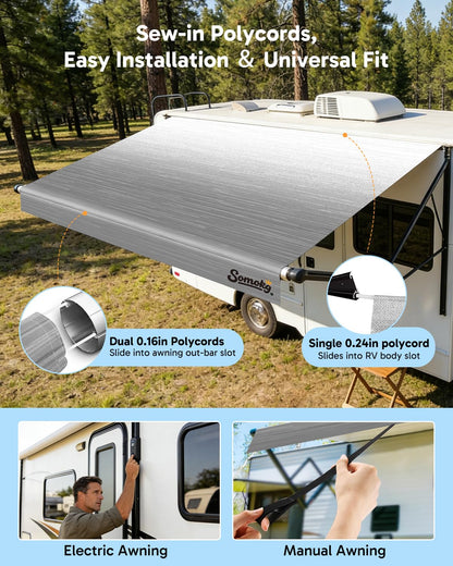 RV Awning Fabric Replacement, 19.5oz Heavy-Duty Vinyl Camper Awning, Heat-Sealed Seamless, DIY Setup, UPF 50+ Waterproof Canopy for Camper, Trailer, Motorhome (Graphite Gray, 16FT(Fabric 15'2"))