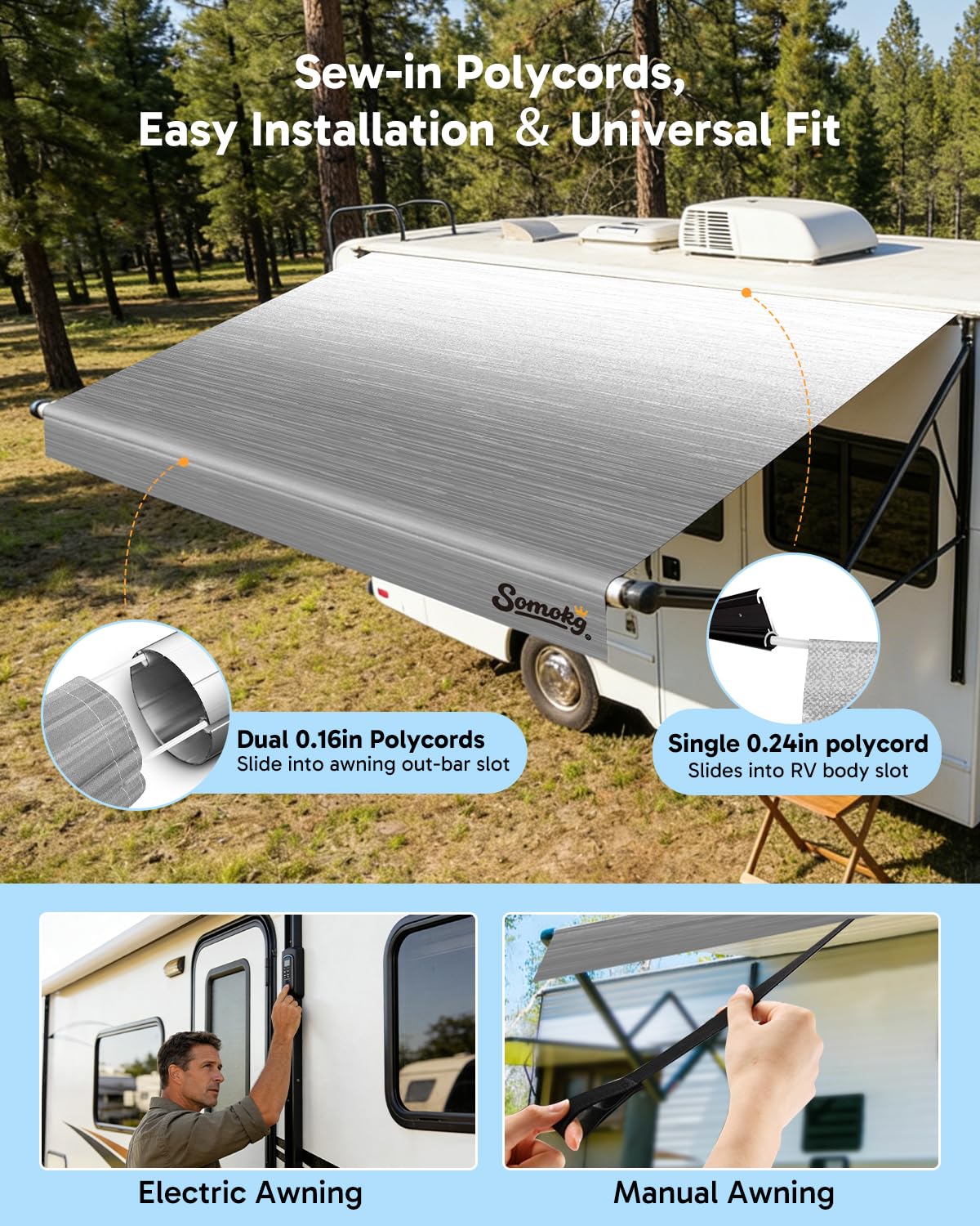 RV Awning Fabric Replacement, 19.5oz Heavy-Duty Vinyl Camper Awning, Heat-Sealed Seamless, DIY Setup, UPF 50+ Waterproof Canopy for Camper, Trailer, Motorhome (Graphite Gray, 16FT(Fabric 15'2"))