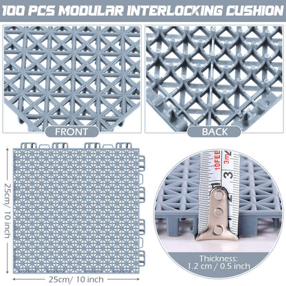 Huwena 100 Pack Drainage Mats Interlocking Tiles 10" x 10" Rubber Floor Tiles Rubber Mats Non Slip Modular Interlocking Cushion Pool Deck Cushion for Garage Patio Greenhouse Outdoor Indoor