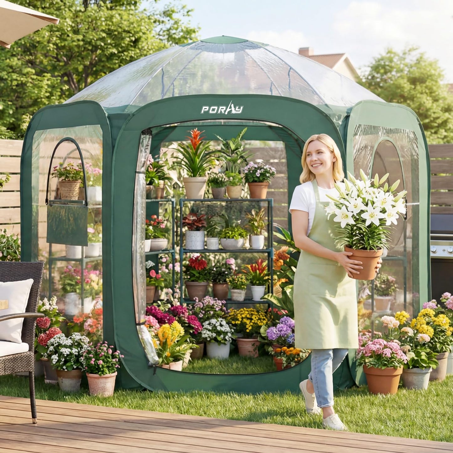 Porayhut Pop up Greenhouse Tent,Portable Large Walk-in Plant House 10’X10’ ,Indoor Outdoor Gardening Plant Sunshine Room with PVC Mesh Cloth Cover for Protecting Plant from Cold Frost & Birds