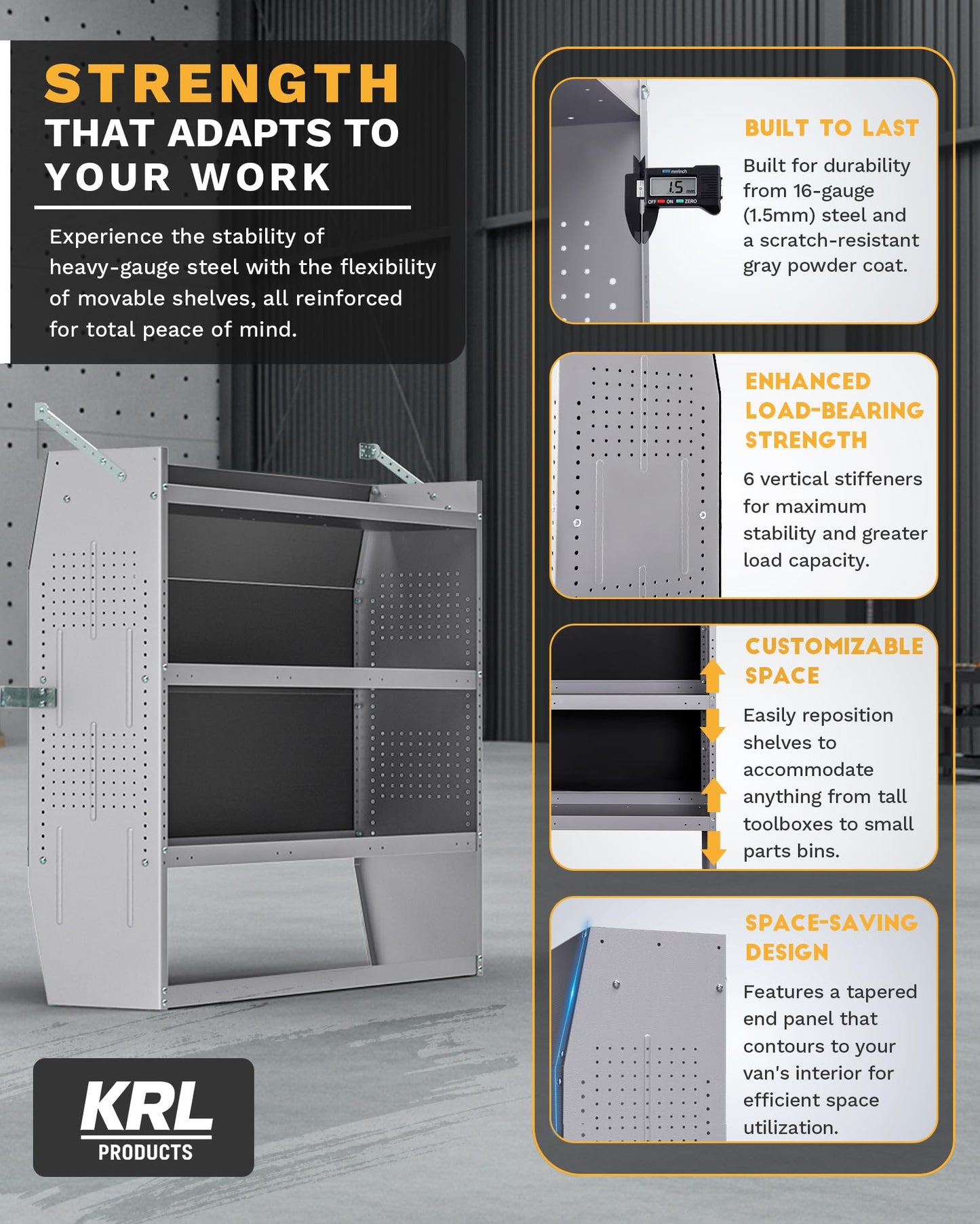 KRL PRODUCTS SV-5246 Steel Low/Mid/High Roof Van Shelving Storage System Fits Transit, GM, NV, Promaster, Sprinter and Metris, Contoured Shelving Unit, 52" W x 46" H x 13" D