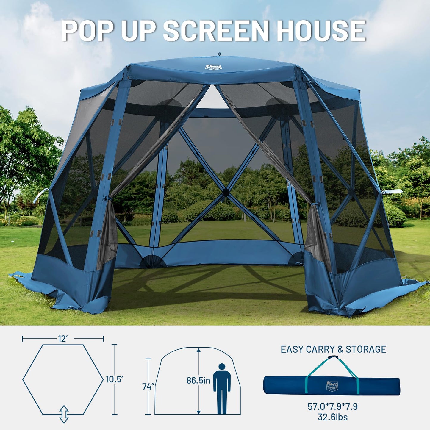 Timber Ridge Pop Up Gazebo Tent, 12.1 x 10.5 ft, Waterproof Screen House with Wind Panels, UV Protection, Navy Blue