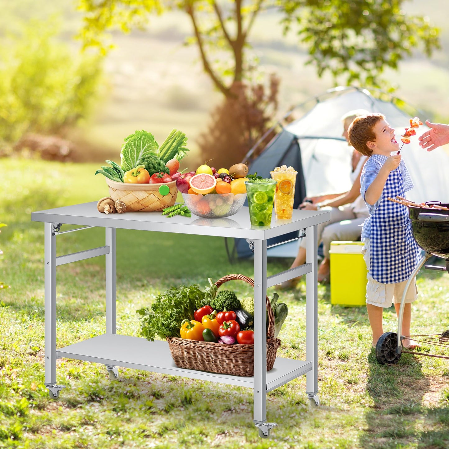 COZONY 48" x 24" Stainless Steel Folding Table - 920 LBS Commercial Foldable Prep Table, Metal Worktable with Adjustable Undershelf and Lockable Casters, for Home Kitchen Restaurant Garage Warehouse
