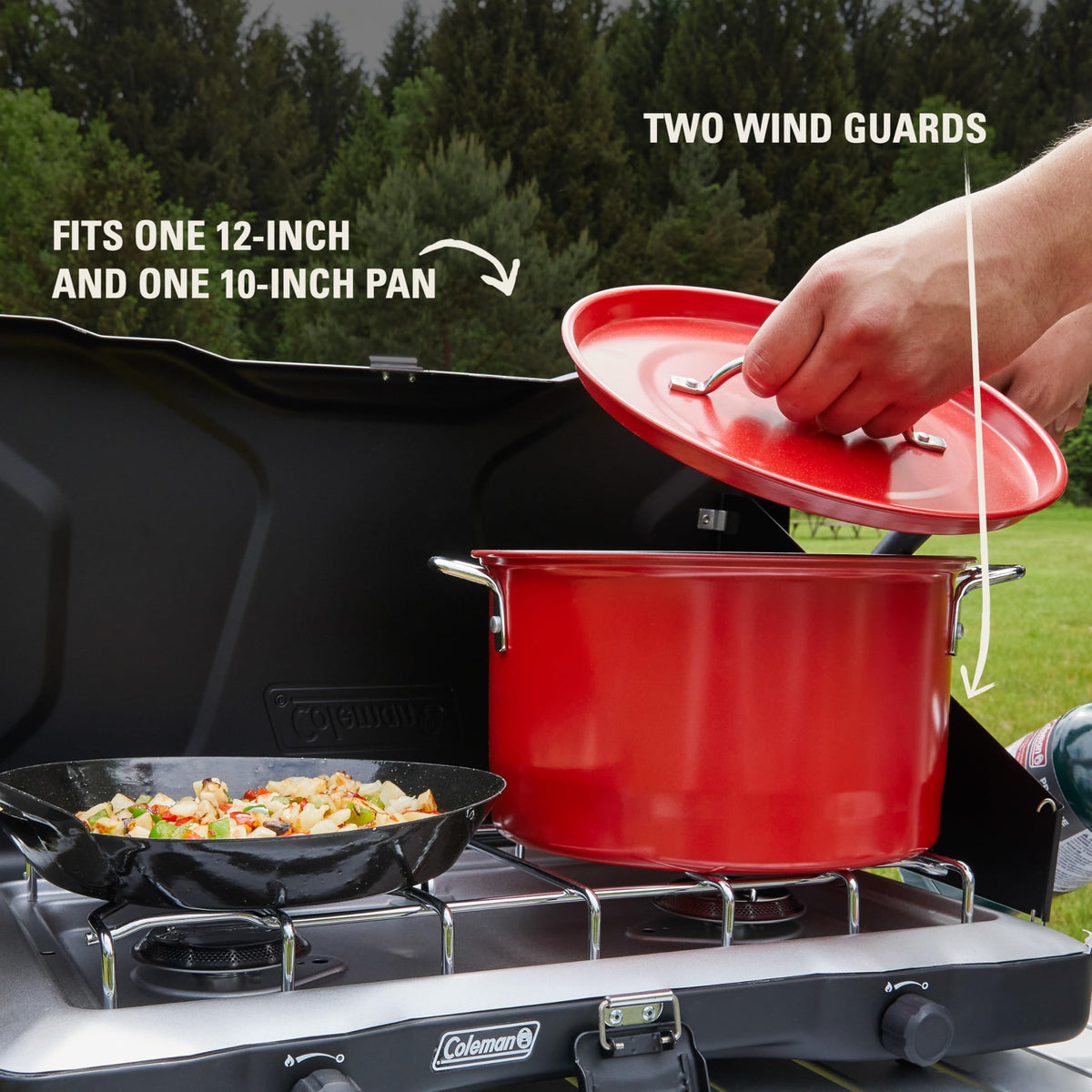 Coleman Triton+ 2-Burner Propane Camping Stove with InstaStart Ignition, Portable Camping Cooktop with 2 Adjustable Burners & Wind Guards, 22,000 BTUs of Power for Camping, Tailgating, Grilling