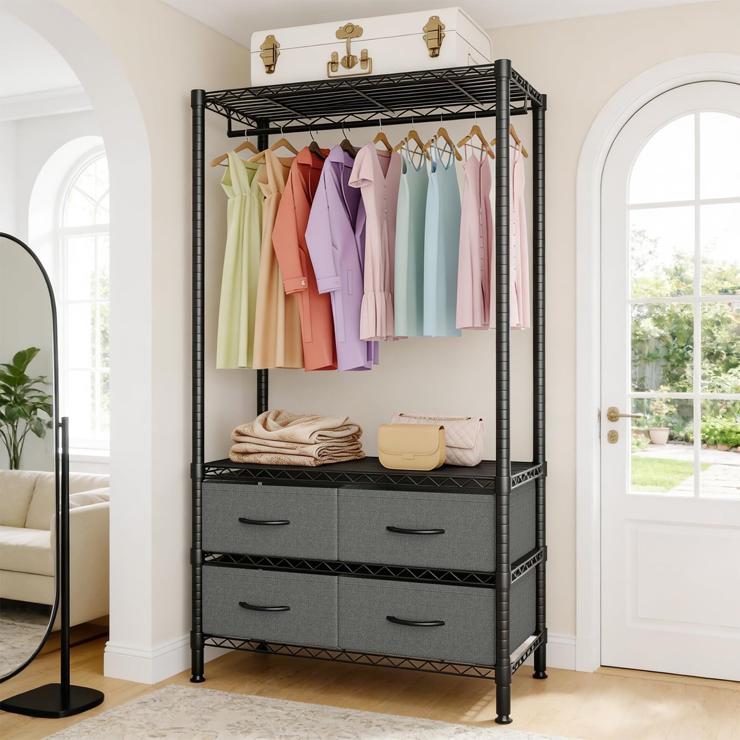 GarveeHome Portable Clothes Rack, Freestanding Garment Rack with 4 Fabric Drawers and Detachable Hang Rod, Metal Adjustable Closet Wire Clothing Racks, 35.4" Lx15.7 Wx71 H. Gray
